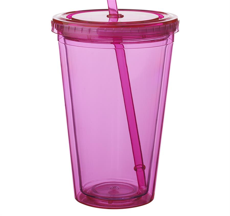 Double Wall Acrylic Tumblers With Straws - 16 oz - Fuchsia