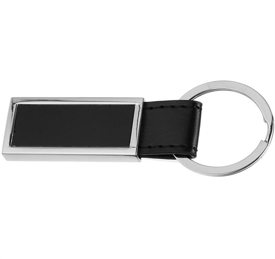 Rectangular Metal & Leather Keychain - Black