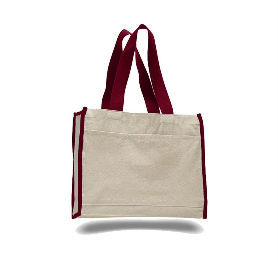 Canvas Gusset Tote Bag w/ Color Handles - Maroon