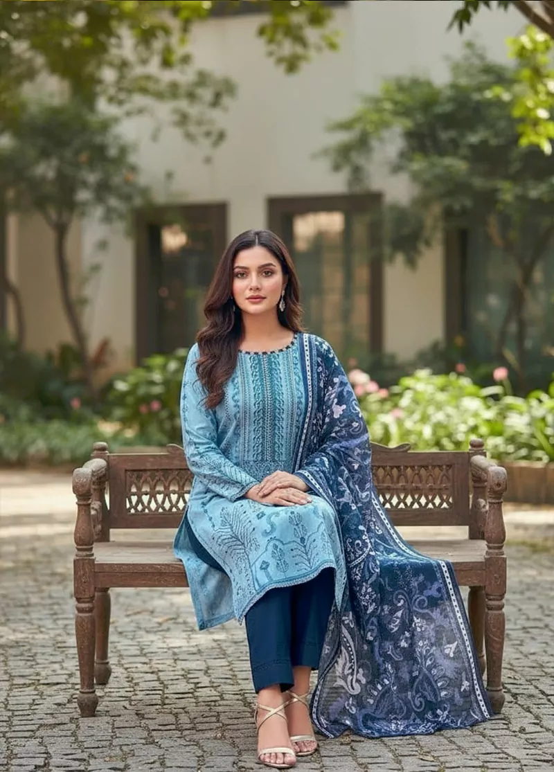3 Piece Blue Color Embroidered Lawn Shirt with Trouser & Dupatta