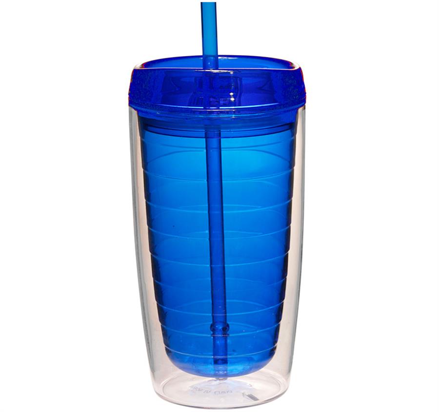 Double Wall Acrylic Tumblers With Straw - 16 oz - Blue