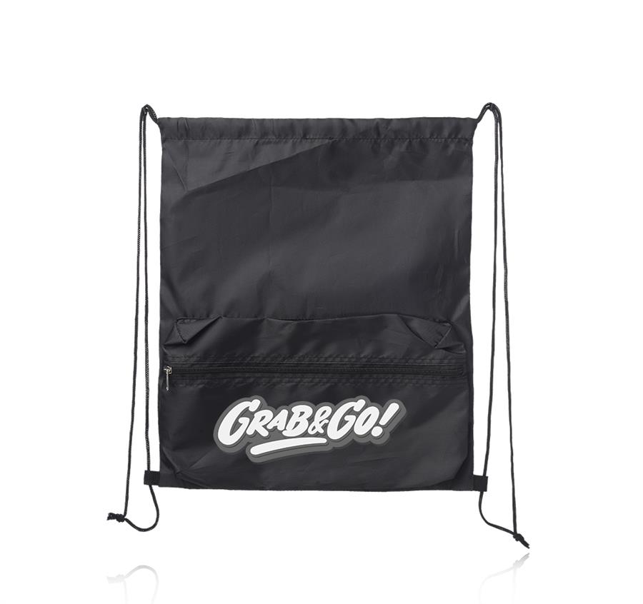 Drawstring Backpack with Front Pocket - Black