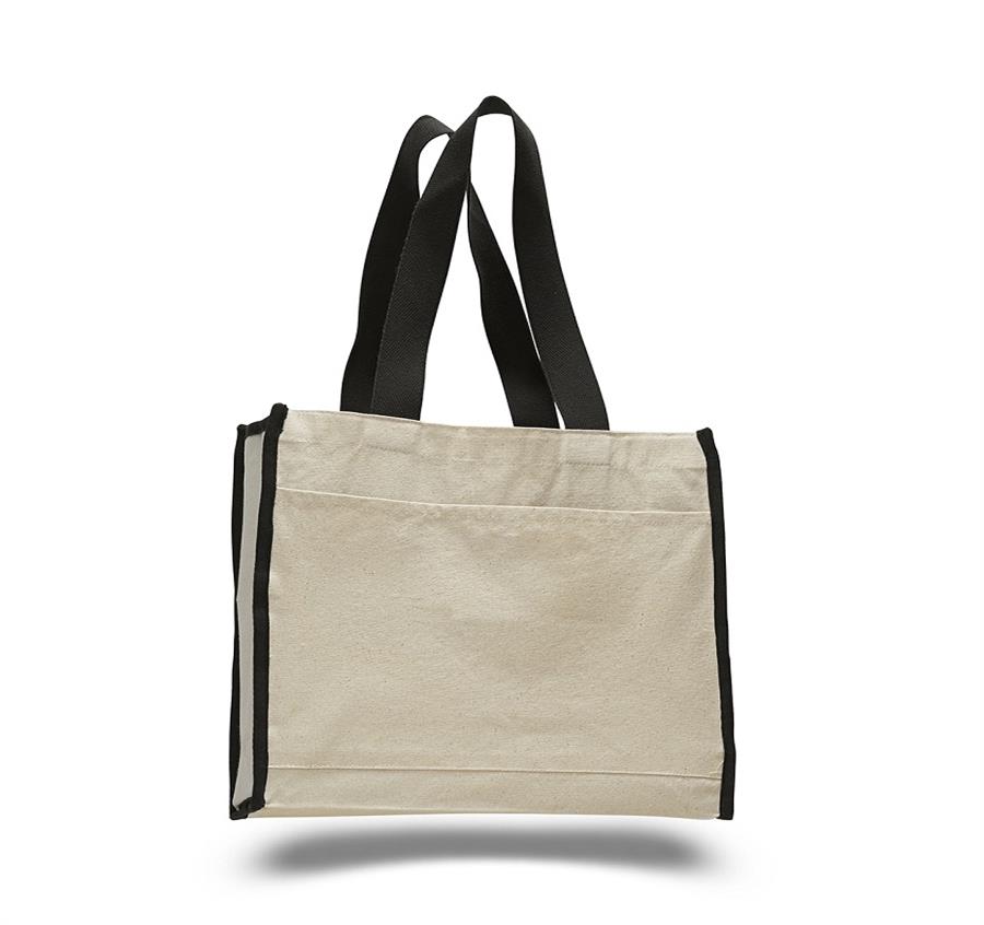 Canvas Gusset Tote Bag w/ Color Handles - Black