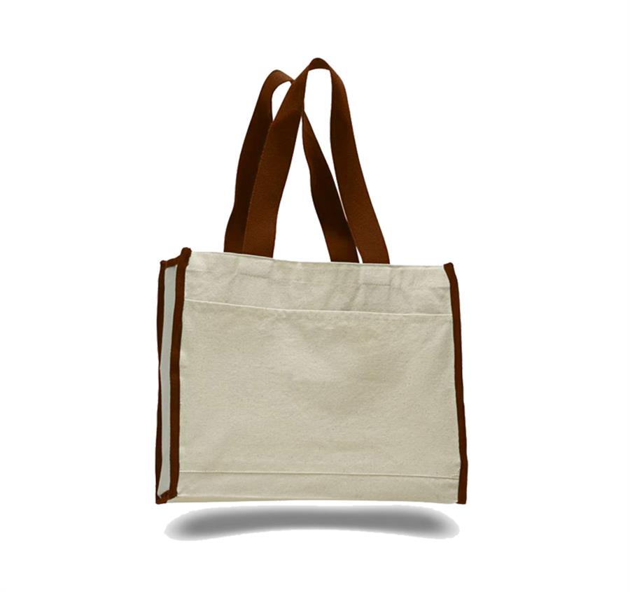 Canvas Gusset Tote Bag w/ Color Handles - Chocolate