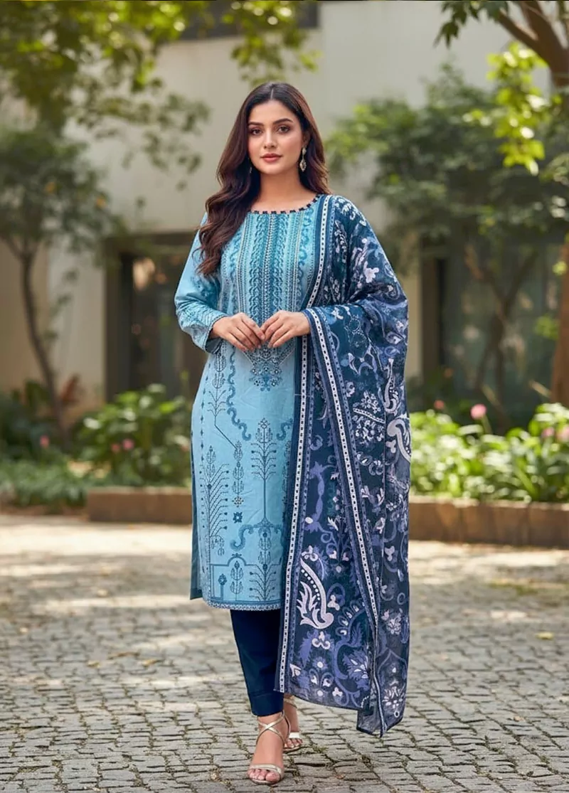 3 Piece Blue Color Embroidered Lawn Shirt with Trouser & Dupatta
