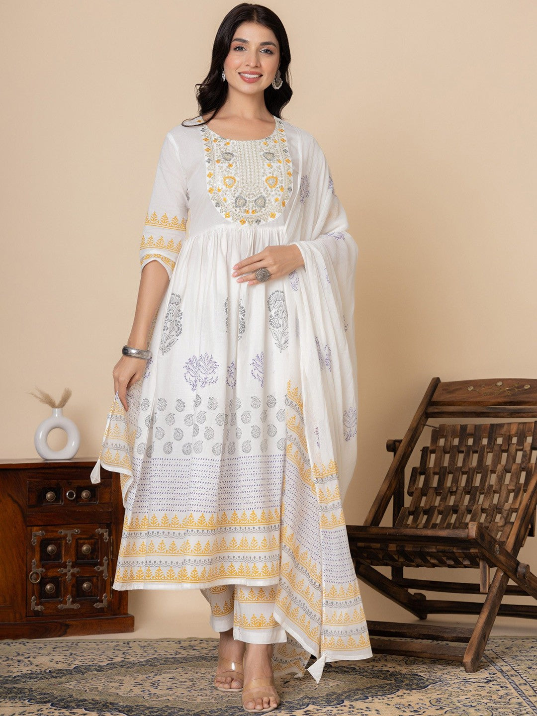 A-Line Kurta With Palazzos & Dupatta